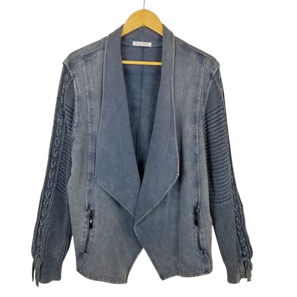 North Style Jersey Knit Cable Knit Sleeve Open Front Cardigan Jacket Blue 1X - Picture 2 of 8